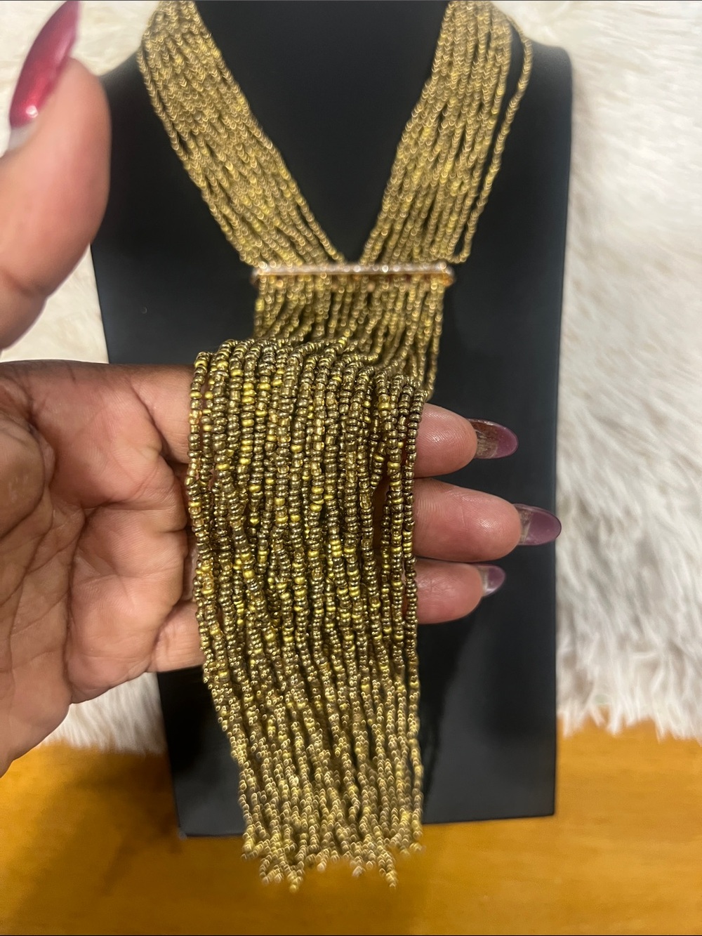 Multi-Strand Gold Seed Bead Statement Necklace with Rhinestone Slide - Picture 3 of 3